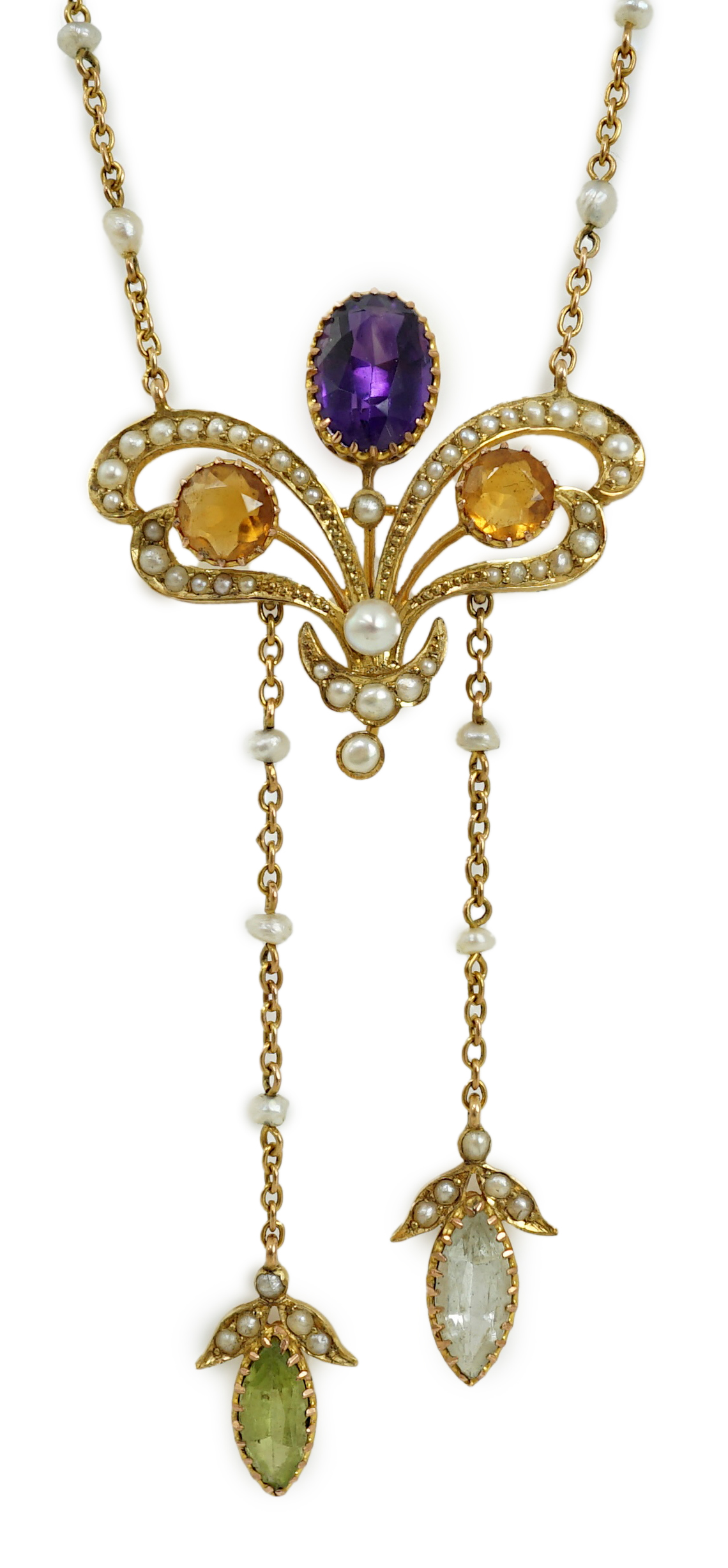 An Edwardian yellow metal, seed pearl and multi gem set double drop pendant necklace